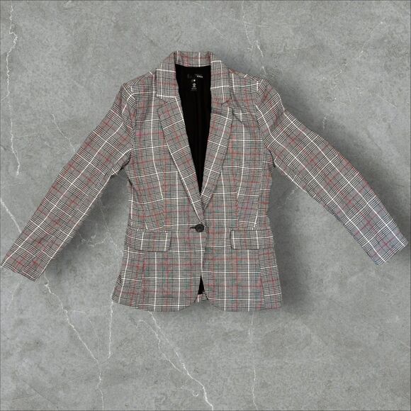 Women's Aqua Grey Red White Plaid Blazer Business Casual Jacket - Small - Picture 5 of 8